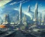 Placeholder: Spaceport on a heavy industrialized planet with a vibrant city in the background and a starting spaceship in the foreground, art by John Berkey, buildings with glass facades, insanely detailed, vibrant, 8k uhd, cinematic atmosphere, ultra-wide angle, street level view, brush strokes, blue sky with clouds, sharp focus