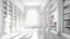 Placeholder: New white library interior with sunlight. Decor and desing concept. 3D Rendering