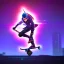 Placeholder: photo of a ninja riding a skateboard; in an alternate universe in tokyo; cyberpunk; realistic; rain; neon signs