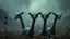 Placeholder: A dark fantasy, scifi theme, from four herd of gentle herbivorous creatures with long necks, one large central eye, Each creature has ONE SINGLE EYE ONLY, one large eye positioned exactly in the center of the face, no second eye, no extra eyes. and two little ears on head and small separate herbivore mouth , no teeth or fangs , rounded bodies dark gray-green skin, standing in a misty landscape with deep colors and many plants,. Curious, slightly uncanny expressions, photorealistic, cinematic