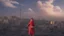 Placeholder: close young palestinian girl with a kuffeah. Large clouds of smoke rise from the land of gaza . With demolished buildings in the background. with sunset colors Made in the palestinian style