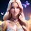 Placeholder: Princess, woman blondie, smile, beautiful place,amazing, flowers, colors, blue and pink butterfly, , realistic, photo real, stars night, detailed, high contrast, 8k high definition, unreal engine 5, extremely sharp detail, light effect, light background