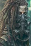 Placeholder: front facing full length grunge armored female, dreadlock hair cyberpunk vampire mercenary with gas mask, highly detailed with gritty post apocalyptic textures, finely detailed facial features, photorealistic 8k render