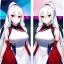 Placeholder: Clear focus, 8k, beautiful lighting, vibrant colors, girl, white hair, long hair, vibrant red eyes, ponytail, same twins, white hair, red eyes, same clothes,