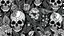Placeholder: tracery of flowers and skulls, black and white, minimalistic