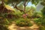 Placeholder: beautiful big flower tropical tree, little straw house dirty old abandoned, stream, bushes, grass and vine, small cliff, dwarf rocks, bright contrast, realistic painting, concept art, tropical forest background, hyperdetailed painting, by konstantin razumov