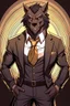 Placeholder: Buff, anthro, wolf, himbo, black fur, gold eyes, wearing a suit, full-body, muscles, strong, muscular, man boobs, bulky, tail, dark fur, smug grin, hands on hips, furry-himbo, broad shoulders, wide hips,