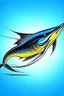 Placeholder: Logo Marlin fish. swimming marlin fast on black road with yellow lines sand on side of road so fast blue skin and silver lines Background long highway tall palm tree stron muscles fast fish running.