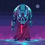 Placeholder: 8 bit pixelart of a terminator like robot, synthwave colored, vaporware, budist monk robe
