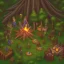 Placeholder: a group of people working on a base in the forest by a campfire in the medieval times, all in pixel art cartoony stile