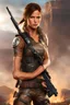 Placeholder: Realistic photo of young Lara Croft Tomb Raider character with brownish hair wearing torn iconic leather armor and is holding a pistol with a battlefield in the background
