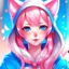 Placeholder: kitsune girl but the face is anime pink hair blue eyes and white hoodie