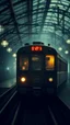 Placeholder: Si-Fi, a train in a train station , intricate historical moody , eerie grim dark ambiance, speculative fiction art. Bokeh