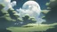 Placeholder: giant half transparent virtual moon, glitchy, blurry, maximum quality, centered on frame, far view, in the middle of a grassy hill, white sky with cumulonimbus, manga, makoto shinkai style