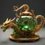 Placeholder: a golden dragon with diamonds all over his body,holding a transparent Chinese teapot with an LED digital display on the side of the teapot,green liquid in the teapot,full light on all parts of the teapot,steampunk,3d