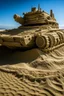 Placeholder: a military tank intricate scultpure , intricate sand art in a beach, sand sculpted,