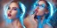 Placeholder: Scarlett Leithold intense red lips with sky glasses backlit blue and red light