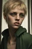 Placeholder: ultra realistic photograph of a very thin young woman with short blonde hair and green eyes bruised face with a frightened expression wearing a loose black teeshirt