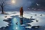 Placeholder: Gems and precious stones, little puddle, space, person, ice, winter, flying birds, fantasy, john singer sangent impressionisn painting