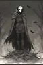 Placeholder: A humanoid figure with a raven/crow mask, a cloak, and high boots sitting in a darkened tree that surrounded by smoke