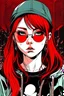 Placeholder: japan teenager girl with red hair wearing a sporty sweatshirt and baseball cap and sunglasses with red lenses, gabriel picolo comics style, cartoon background, 80's, negative black hoodie, negative baseball red cap, negative red background