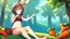 Placeholder: Girl, brown rabbit ears , brown rabbit tail, brown hair, open navel, forest, morning, carrot in hand, sit