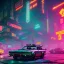 Placeholder: photo quality, unreal engine render, highest quality, stop-motion animation, vivid neon colors, volumetric lighting, cyberpunk 2077, classic car junkyard, deep colors in a dark setting background, post-apocalyptic,