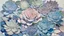 Placeholder: Tema: Rosetas de echeverias superpuestas → Disciplina: pintura decorativa → Entorno: mesa de cerámica artesanal → Estética: Pattern and Decoration → Lenguaje visual: simetrías florales → Materialidad: gouache sobre papel prensado → Composición: repetición radial → Iluminación: uniforme → Paleta: tonos pastel → Atmósfera: delicada y ornamental → Paleta cromática: celestes, malvas, verdes agua, crema → Grado de abstracción: medio → Nivel de detalle: alto → Tipo de textura: aterciopelada → Lenguaje