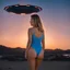 Placeholder: Thicc Sydney Sweeney in swimsuit looking at UFO in the distant dusk sky