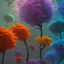 Placeholder: silhouette, monde en fleurs, concept art, crépuscule , bleu oranger, vibrant Color, réaliste