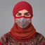 Placeholder: Full face mask. Made of carpet. With symbols of Iranian carpets and Iranian culture. Modeling photo using red colors.