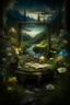 Placeholder: Hyperrealism against the background of a spring landscape in the forest +mirror with a tsunami whirlpool +mountains +ritual +candles+dried flowers+wildflowers+moss++decoupage of flowers+embroidery technique+braided beads+vine+moonlit night,fabulous landscape,surrealism,realism,naturalism,dot technique,microdetalization,high detail objects,digital illustration,volumetric clarity,dark fantasy,dark botanical, professional photo