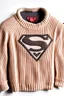 Placeholder: Men's Superman's Balenciaga Winter sweater V neck elegant inspired by Superman's emblem design beige tones with dual color on a white background, product catalog photography, soft spot lighting, depth of field, 4k –ar 3:5 –q 2