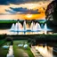 Placeholder: camera captures full scene of where 12 fountains in a small sea shoot water jets in sky and splashes of water ,in country side,pretty cloudy sky ,moving clouds and godrayes sunset,swans and duks in water .