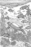 Placeholder: STRESS RELIEF themed coloring page for adult, cartoon style, thick outline, low details, no shading, no color, A serene underwater world with gliding sea turtles and coral