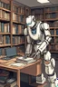 Placeholder: The library is serviced by computers, and there are many books on the shelves. The robot sits at the table and searches for books in the catalog in the computer Expression. High-quality drawing, 8K