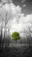 Placeholder: A wood with thousands of trees with no leaves in the desert in a black and white only one tree with green leaves in the middle , s clouds and gray skies, high quality, cinematic 8k and fantastic lighting