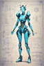 Placeholder: Hand drawn technical,full body illustration , with detailed blueprints and engineering schematics of a robotic hybrid walking leaf insect girl, with highly detailed facial features, drawings, and technical notation, 8k, vibrant natural metallic colors