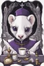 Placeholder: (anthropomorphic white ferret),dressed in ((cleric fantasy)) black and purple clothes with silver holy ornaments, realistic anatomy, fantasy tavern on background, mage and holy symbols around, serious face, hold cup of coffe, tired face, in the style of LOISH, glasses