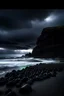 Placeholder: Reynisfjara Black Sand Beach, Iceland : A dramaticcolumns, rendered in oil paint with thick impasto strokes to capture the rugged texture of the rocks. The sky is dark and stormy, with lightning illuminating the scene. Use a palette of cool tones to create a moody atmosphere, and incorporate a sense of awe and wonder through the dramatic contrast between the dark sky and the bright lightning. Rule of thirds, golden ratio, leading lines, a giant spaceship