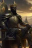 Placeholder: rei moreno com armadura sem capacete tecnologica com uma coroa , sentado em um trono em 2075 com paisagem atras dele