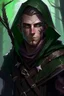 Placeholder: 35 year old male dark rogue elf, thief assassin, messy Mauve hair, sparkling green eyes, glowing brown skin, black hood, black leather, messy, disheveled, trees, sneaky, bow and arrows, tall, skinny, friendly, stoner