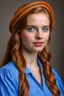 Placeholder: ultra realistic portrait of a young woman with a serene expression and delicate features. Her light brown hair is styled into a loose braid over one shoulder, and she wears a blue headband with orange floral patterns. She has clear, luminous skin and soft pale blue eyes that convey a gentle confidence. Her attire is casually elegant, with a relaxed blue denim garment. The lighting is soft and natural, enhancing the warmth and inviting quality of the portrait."