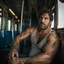 Placeholder: photography of a burly ugly beefy sicilian farmer 36 years old man sitting in the train, relaxing, shirtless, in boxer, bulge, tattoo, broken teeth, serious, short beard, curly hairs , view from below, photorealistic, side lights, Ground-Shot Angle