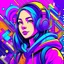 Placeholder: masterpiece, intricate details, a wide angle 2D anime bold line flat colour illustration of a cheerful girl in a high purple hoodie and headphone in hip hop style, dopamine style, overlaying mixed patterns of pop art text and emoji device installations, sharp focus, charming character illustration, beautiful vibrant kuler palette gradient