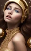 Placeholder: brown eyes, laugh, brunette sophie hennie cute young woman singing at saturns europa moon, golden jewelry, ice cold, winter, magnificent, majestic, highly intricate, incredibly detailed, ultra high resolution, complex 3d render,renaissance painting