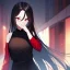 Placeholder: Clear focus,High resolution, black long hair, Vibrant red eyes, Emo style, Black skirt, wearing a black shirt sleeveless, Wearing black and red cutsleeves, Hand near chin