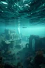 Placeholder: A view of the ruins of Atlantis city under the ocean water with marine plants and a submarine is sinking underwater and small divers are diving around , cinematic scenes , high quality picture with rough water