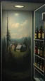 Placeholder: Bosch painting style nightmare, houses and trees with scene in side shelf of a refrigerator with other shelf of beer bottles