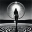 Placeholder: [Le Cabinet de Curiosités by helmut newton] The creature's cranium is massive, adorned with a huge crescent halo that emanates an otherworldly glow, reminiscent of burning crop circles etched with sacred geometric designs. In a scene that combines elements of gothic and emo aesthetics, the figure moves with an eerie grace, as if performing a cosmic dance.